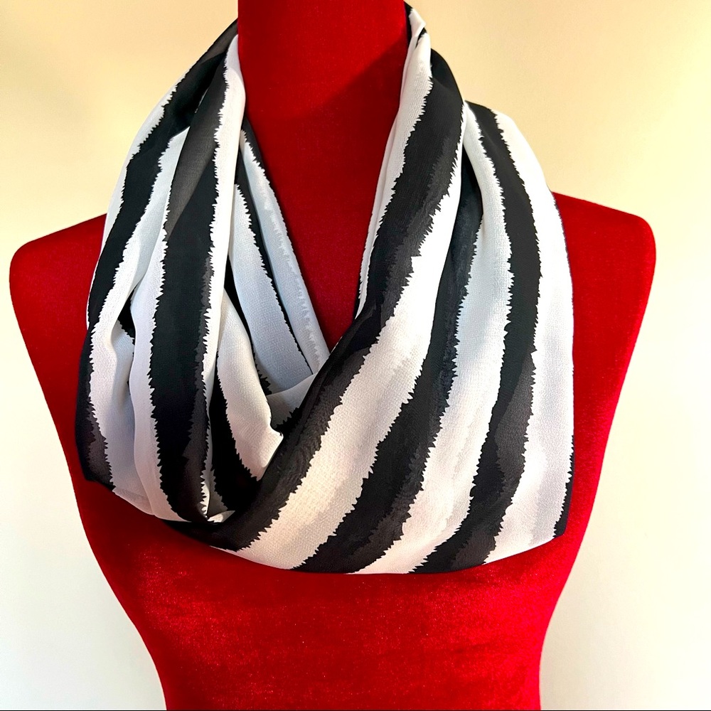 Sheer black and white striped infinity scarf